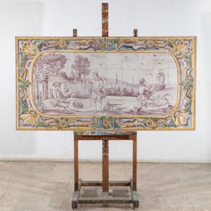 Panel with daily life scene and fish, 18th century. .